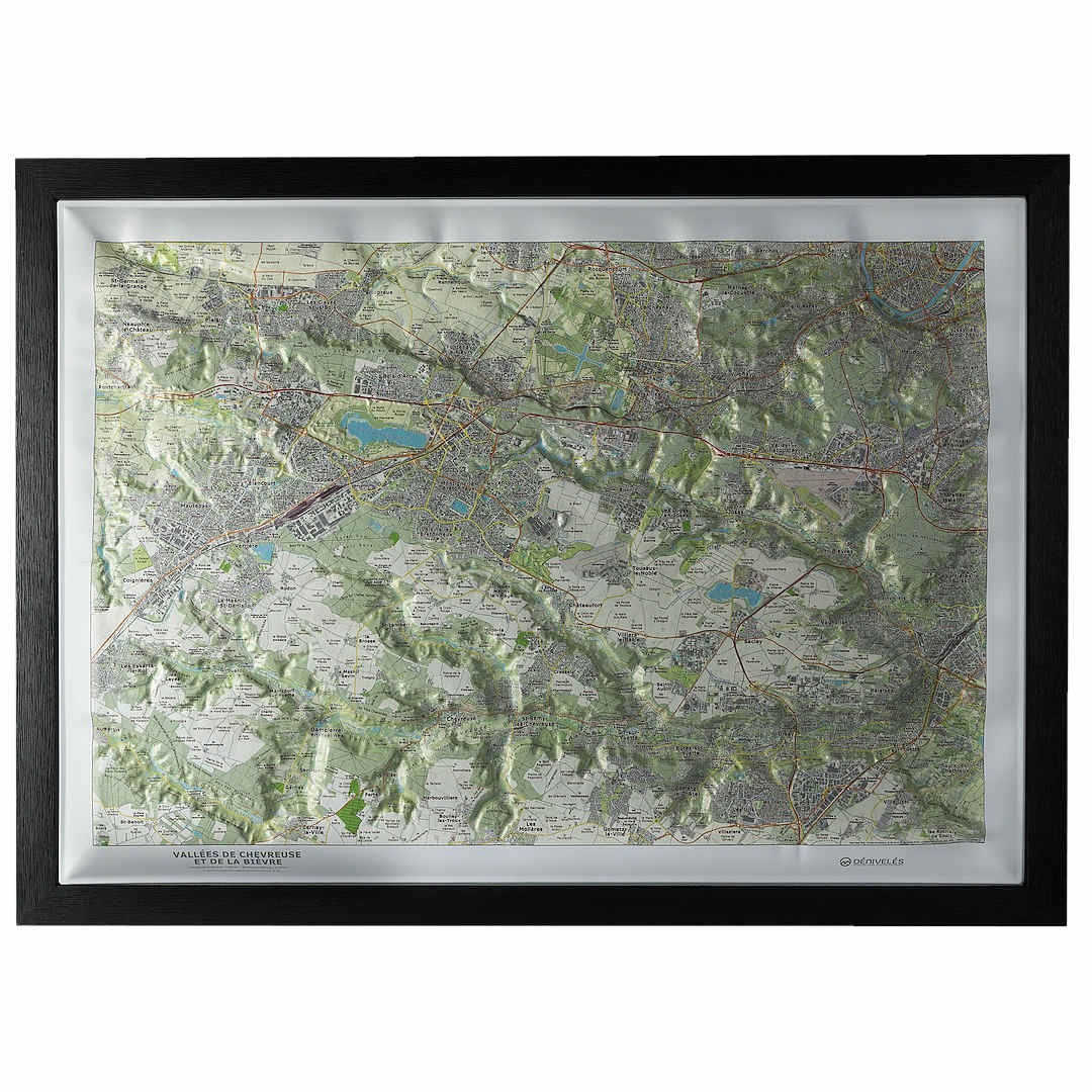 La carte relief des Vallées de Chevreuse et de la Bièvre présentée dans un encadrement noir.