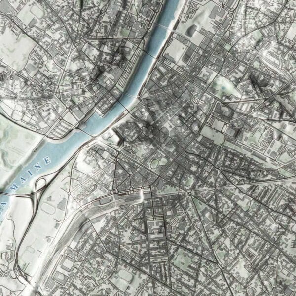 Zoom sur le centre ville d'Angers en relief