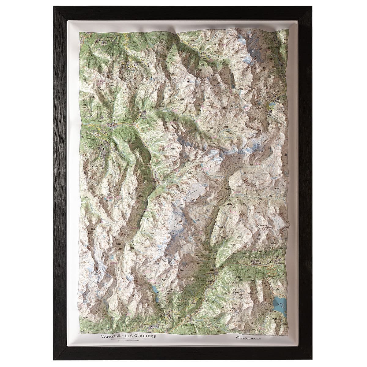 La carte en relief Vanoise Les Glaciers présentée dans un encadrement noir.